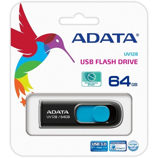 [AUV128-64G-RBE] Memoria Usb Adata 64Gb 3.0 Retractil Uv128 Negra Y Azul Auv128 64G Rbe